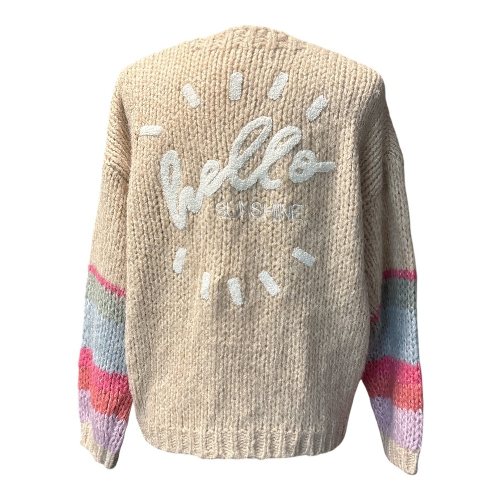 Saltwater Luxe Hello Sunshine Chunky Knit Cardigan Camel Striped Sleeve S NWT - Picture 3 of 6